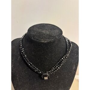 Black Crystal Beaded Layered Necklace Statement Pendant Clasp